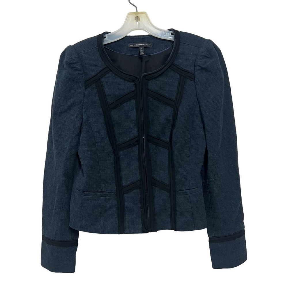 White House Black Market Military Style Cropped Blazer Jacket Blue Black Size 8